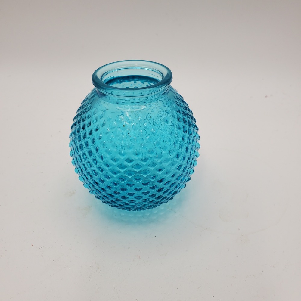 Vintage Turquoise Blue Hobnail Glass Bud Vase Round Textured Orb 3.25 Inch